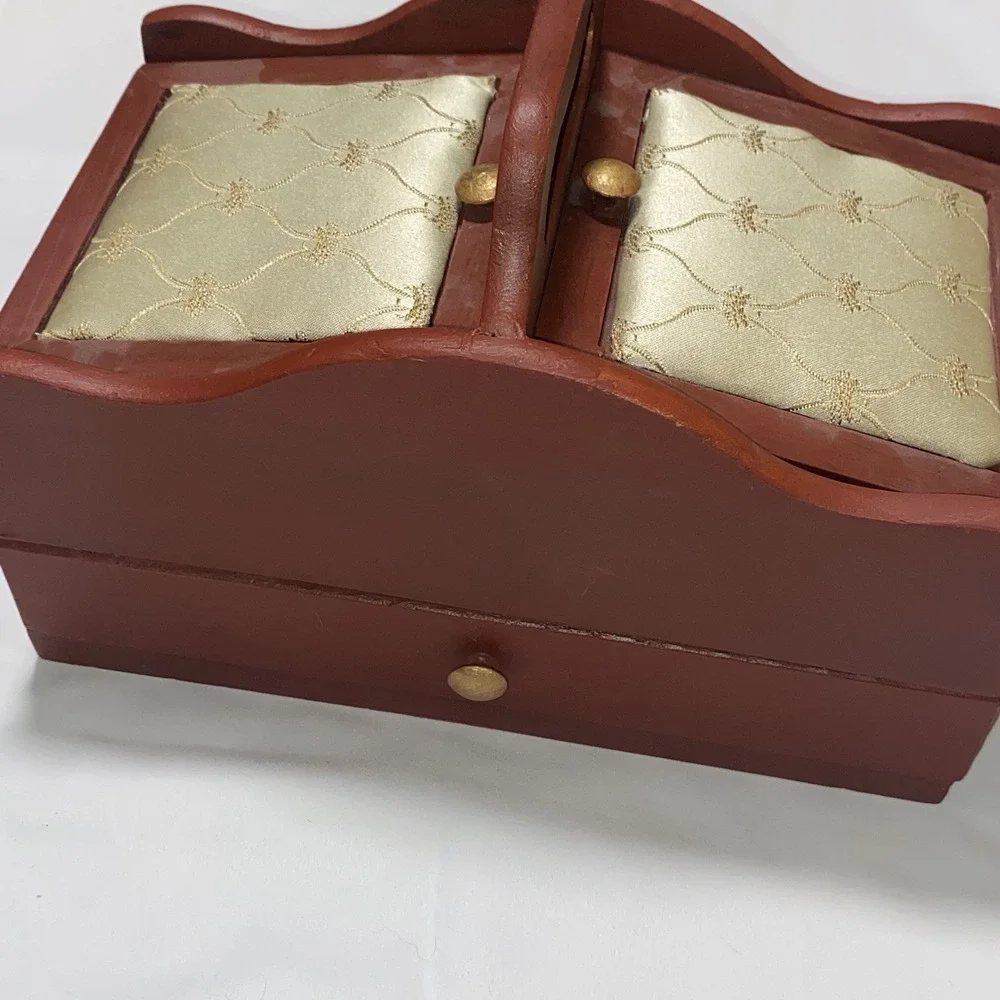 Vintage Sewing Work Box with Duel Pincushions and Drawer  velvet inside‎ top